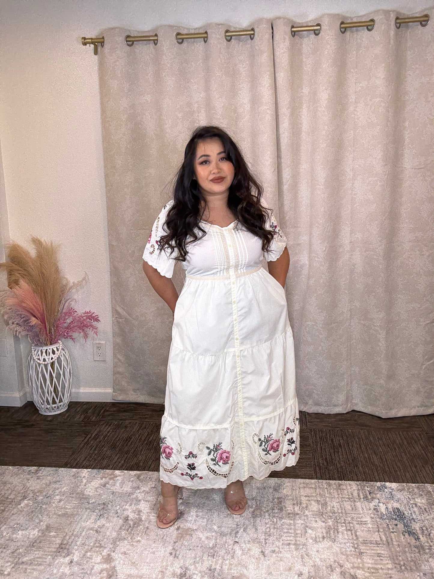 Cream Floral Embroidery Dress